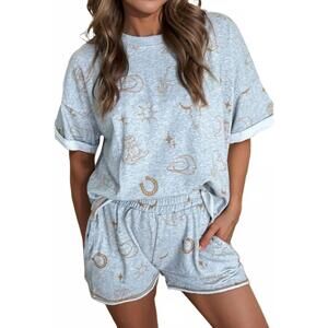 NEW FASHIONWORKS western fashion t shirt elastic waist shorts set in multi-color